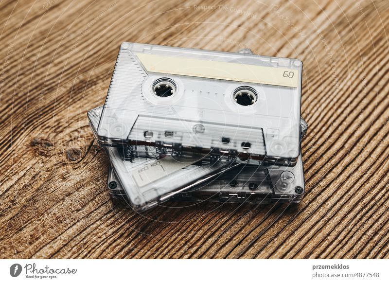 Tape cassettes. Magnetic cassette tapes. Retro music style. 80s music party. Vintage style. Analog equipment. Stereo sound. Back to the past compact recorder