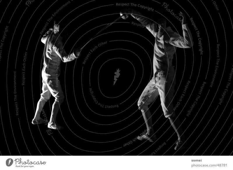 defense Fencing Dark Light Martial arts Fighter Protective clothing Weapon Sword Breakdown Sporting event Black & white photo Contrast Sports Sportsperson