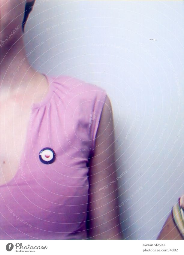 photo box Name badge Lilac Pastel tone Woman Snapshot Low neckline Pallid Pink Violet reflection target T-shirt Neck Arm Skin mod Detail lightning Mole