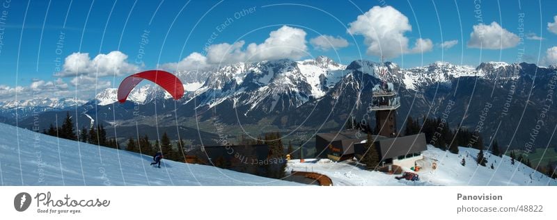 Paraglide start on the Planai Action Mount Planai Sports maneu manu Mountain Snow Schladming Vantage point Valley Snowscape Slope Downward Paraglider