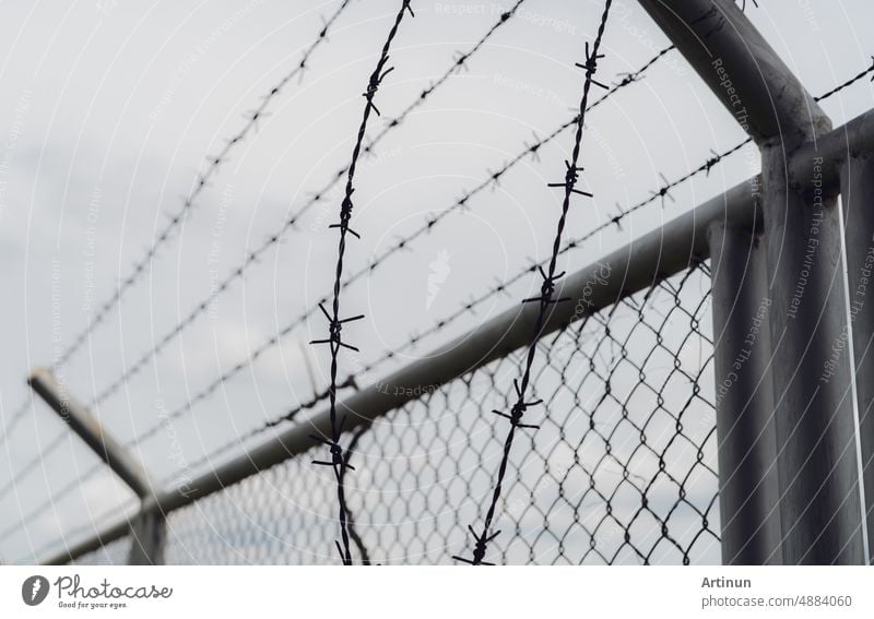 Prison security fence. Border fence. Barbed wire security fence. Razor wire jail fence. Boundary security wall. Prison for arrest of criminals or terrorists. Private area. Military zone concept.