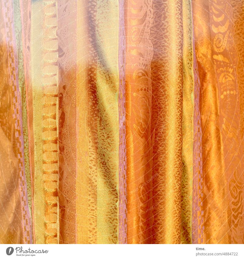 drapery, ornate Curtain Drape variegated Orange Red tones Yellow locked too opaque reflection Cloth Structures and shapes Decoration Pattern Folds Hang Wrinkles