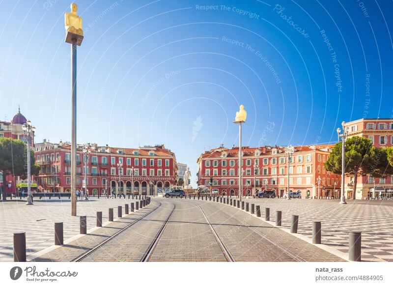 Nice, France - Aug 1, 2021: Tram railroad towards the Fontaine du Soleil on Place Massena art marble culture outdoors cultural historic white public apollo