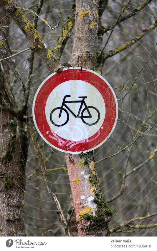 Bicycling forbidden in the forest Cycling Forest Bicycle ban Road sign interdiction cyclists Pictogram Traffic signal Tree Nature Cycling tour Limit woody