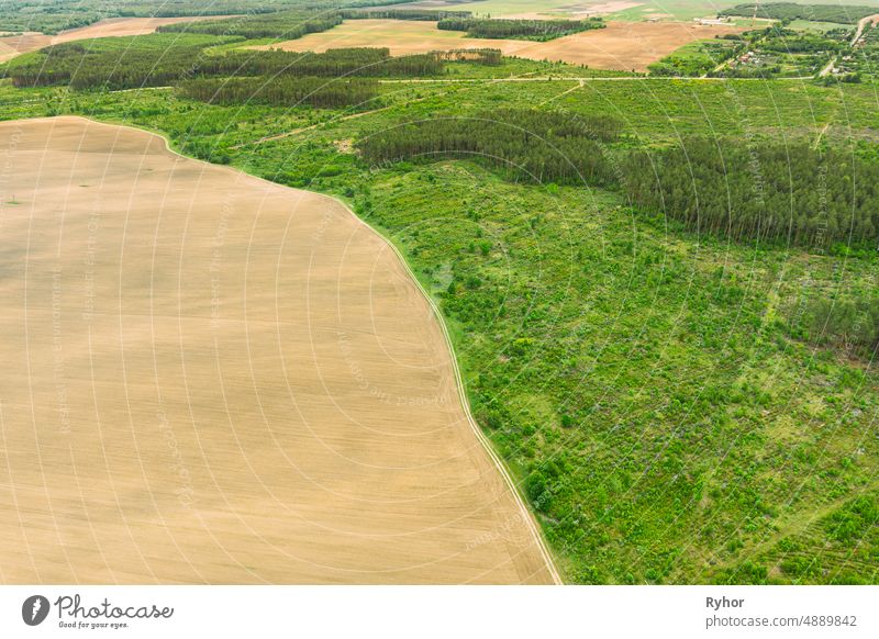 Aerial View Of Field And Deforestation Area Zone Landscape. Top View Of Field And Green Pine Forest Landscape. Large-scale Industrial Deforestation To Expand Agricultural Fields