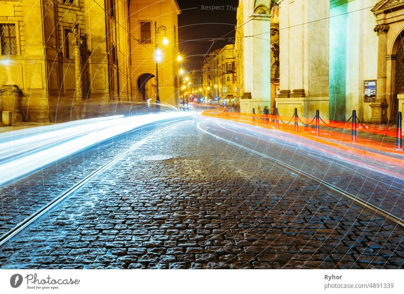 Night View of traffic lights in street in Prague, Czech republic. Krizovnicka Krizovnicka street Republic architecture background bright building capital city