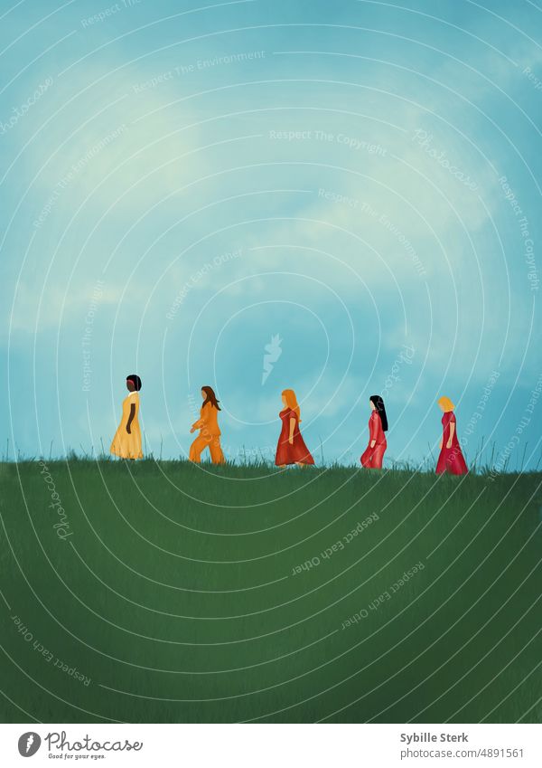 The walk of the women walking woman multi-ethnic grass meadow hill blue sky five colourful african diversity cheerful caucasian together multiracial people