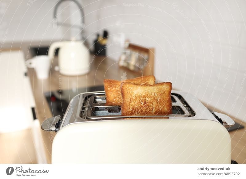 toasted bread in white toaster, roasted sandwich toast, concept of healthy eating, dieting, snacking at work, at school, student fast food. Modern white toaster.