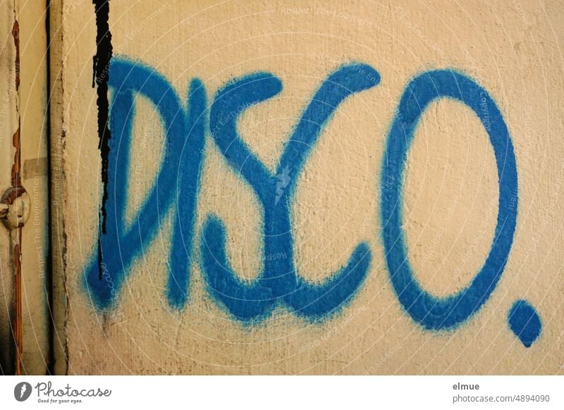 Crime scene I DISCO. stands in blue on a plastered house wall / graffiti Disco Graffiti disco Communication lettering Daub cabaret Facade Youth culture