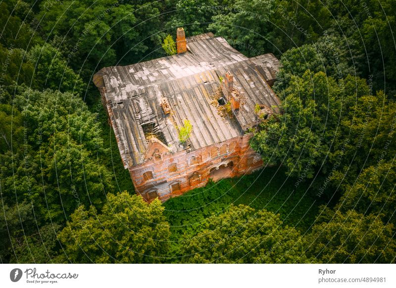 Dziemjanki, Gomel Region, Belarus. Aerial View Of Abandoned Dilapidated Manor House Gerard Nicholas Chernobyl Resettlement Zone. Chornobyl Catastrophe Disasters. Local Landmark And Heritage