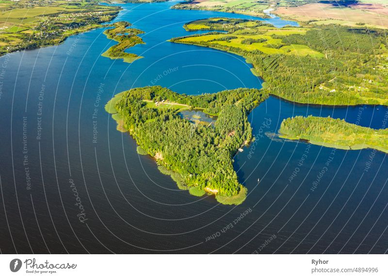 Lyepyel District, Vitebsk Region, Belarus. Aerial View Of Lepel Lake With Natural Small Islands Beloozerny District aerial aerial view attitude autumn beautiful