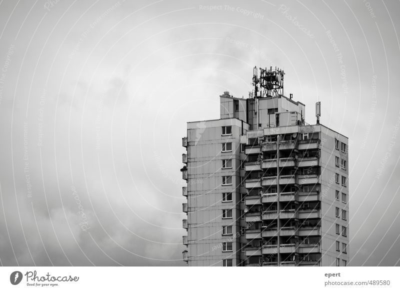 Social Network II Living or residing Culture House (Residential Structure) High-rise Facade Balcony Dark Sharp-edged Large Tall Gloomy Town Society Equal