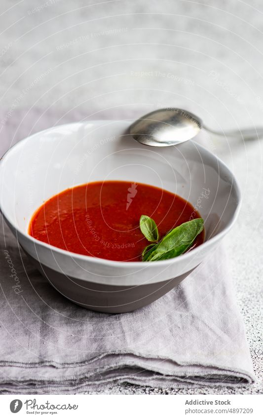 From above tomato cream soup gazpacho European cuisine basil dinner eat food grey background healthy herb meal organic vegetable salt spain spanish spicy vegan