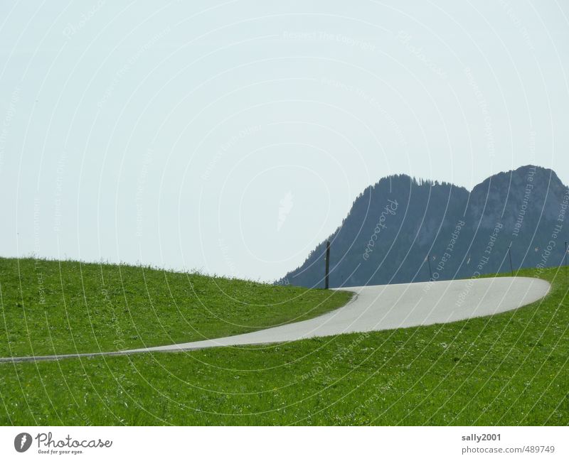 with a swing into the mountains Nature Landscape Grass Meadow Alps Mountain Street Pass Winding road Driving Gray Green Loneliness Lanes & trails Swing Curve