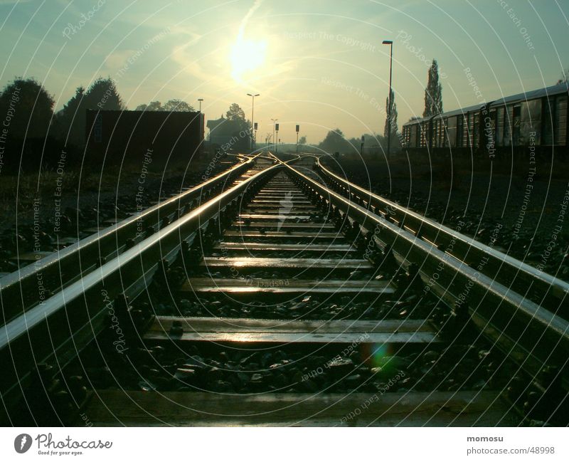 railway to sun Railroad tracks Light Direction Train station Sun Morning