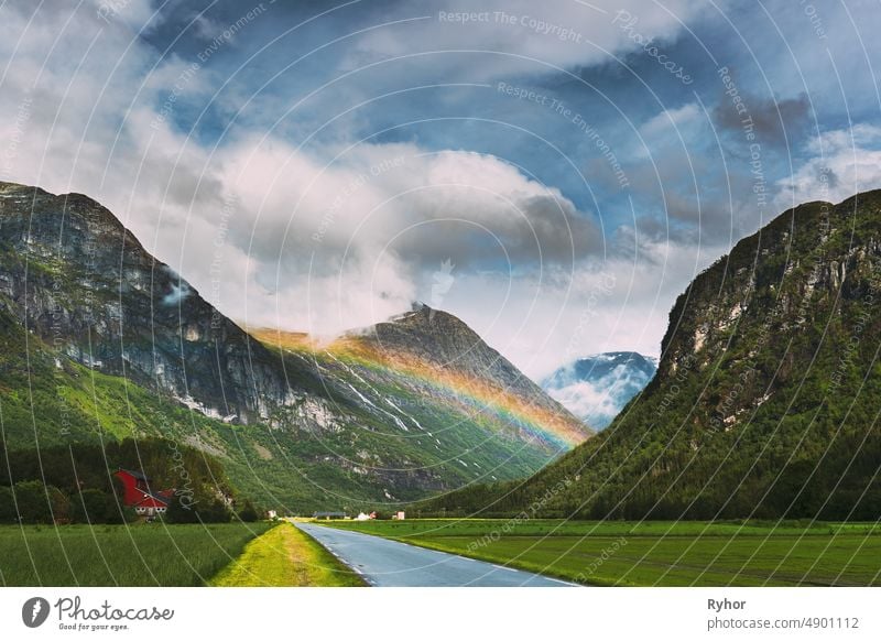 Stardalen, Skei I Jolster, Jostedalsbreen National Park, Norway. Beautiful Sky After Rain With Rainbow Above Norwegian Rural Landscape. Agricultural And Weather Forecast Concept