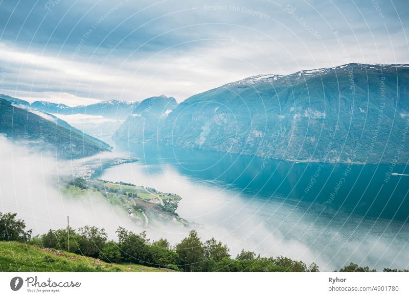 Sogn And Fjordane Fjord, Norway. Amazing Fjord Sogn Og Fjordane In Fog Clouds. Summer Scenic View Of Famous Natural Attraction Landmark And Popular Destination In Summer. Misty Weather
