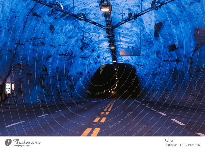 Laerdal Tunnel, Norway. Road On Illuminated Tunnel In Norwegian Mountains. Famous Longest Road Tunnel In World. Popular Place architecture aurland beautiful
