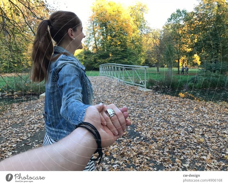 Hand in hand in the Spreewald hold hands Together Couple Love Man Wife Lovers