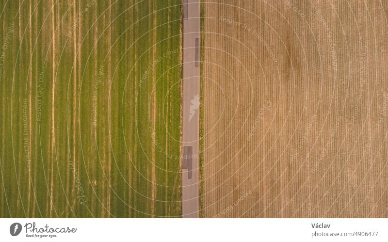 View of a grain field and fields of various vegetation near Kyjov, South Moravia, Czech republic. Scenery of agricultural fields. Agricultural productivity