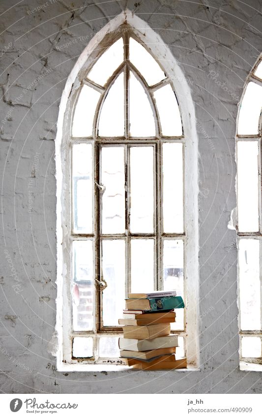 Book stack in front of window Relaxation Calm Moving (to change residence) Architecture Wall (barrier) Wall (building) Window Stone Reading Retro Serene
