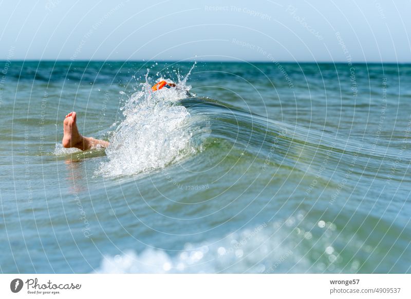 Lift your leg and splash into the wave | dive Baltic Sea Ocean Waves bathe bathing fun Swell Child Water Summer coast Beach Vacation & Travel Swimming & Bathing