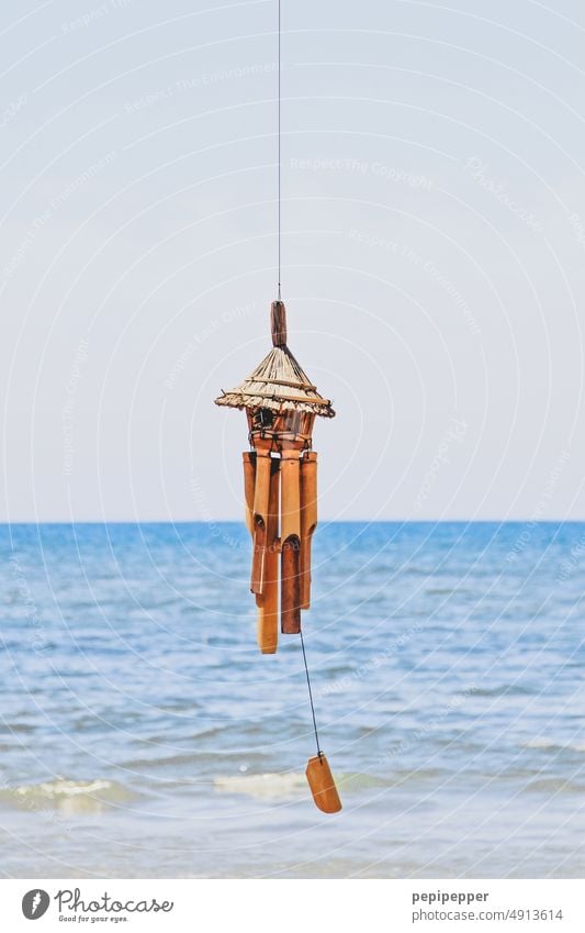 Wooden wind chime on beach Wind chime Colour photo Exterior shot Deserted Decoration Esthetic Beach Ocean Island Vacation & Travel Tourism Water Wooden toy