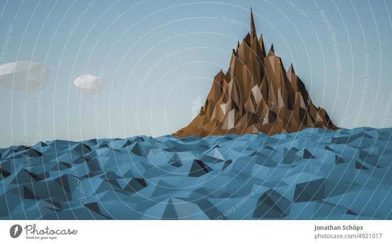 3D rendering of abstract geometric landscape mountain on island in sea Ocean Island 3D landscape mountains Waves Landscape Three-dimensional Design Modern shape