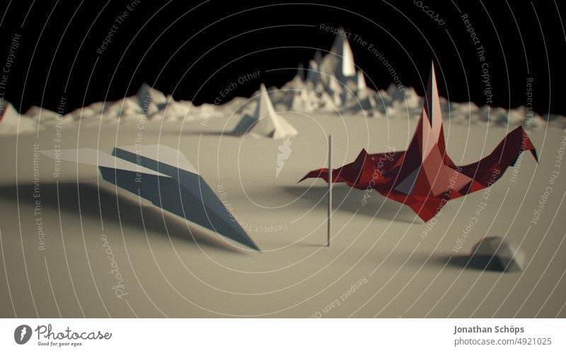 3D rendering of abstract geometric landscape with paper airplane and floating elements Paper plane aviator hovering Landscape Three-dimensional Design Modern