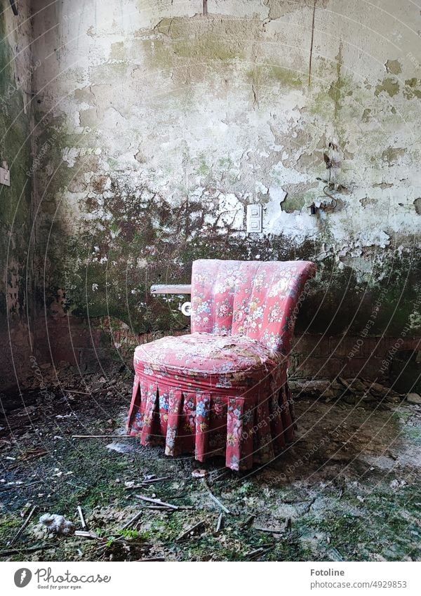 An old red armchair with floral pattern stands in an old rotting room of a lost place. What a pity. Armchair seating furniture Old lost places Cloth Room
