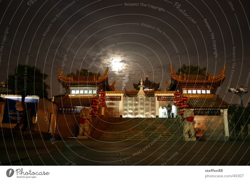 Moon behind clouds Entrance Temple China Closed Clouds Dark Light Stairs