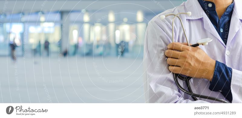 Medicine doctor with stethoscope standing and diagnosis in hospital.Health care and medical or Health Insurance background panorama concept. health care clinic