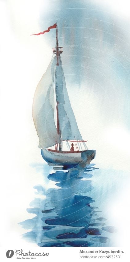 Sailing boat in the sea. Ink and watercolor drawing sailing sailboat yacht ship ocean nature marine naunautical art artwork background cartoon clip art