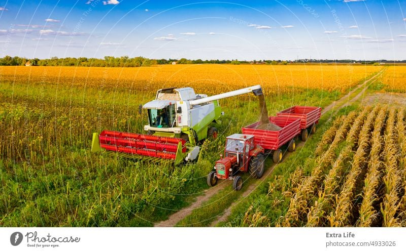 Aerial view combine is transferring freshly harvested cereal into trailer for transport Above Agricultural Agriculture Agronomy Cargo Cereal Combine Country