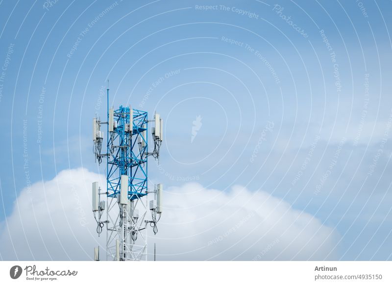 Telecommunication equipment for 5g radio network. Telecommunication tower. Antenna for wireless network. Broadcasting tower for internet communication. Broadcast antenna. Cell phone 5g antenna.