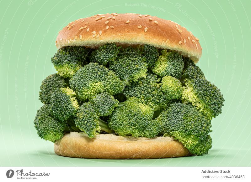 Burger bun with fresh broccoli burger half healthy food diet concept vegan color bright lunch culinary vivid dish nutrition bunch vitamin portion cuisine