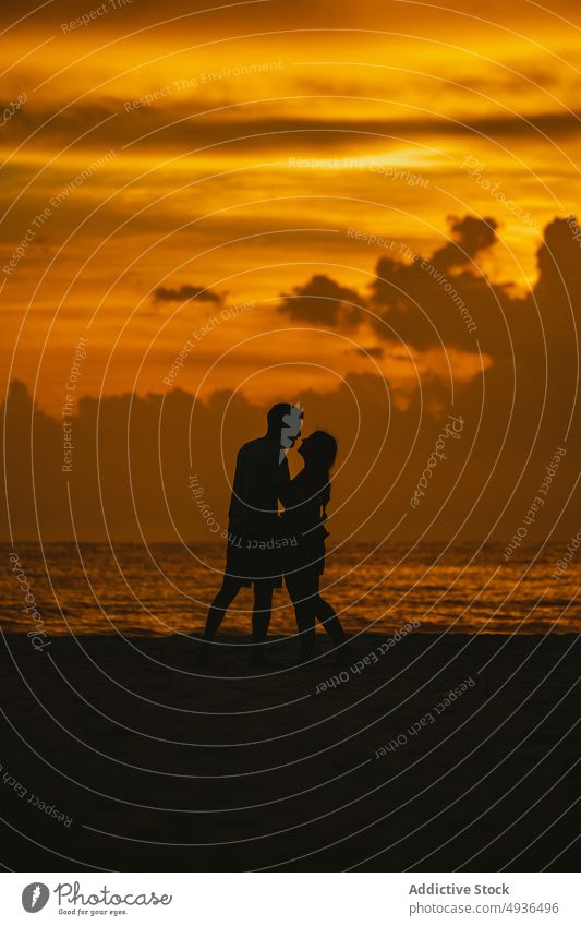Anonymous loving couple kissing on beach at sunset embrace sea silhouette love romantic relationship together nature cloudy sky ocean beloved affection
