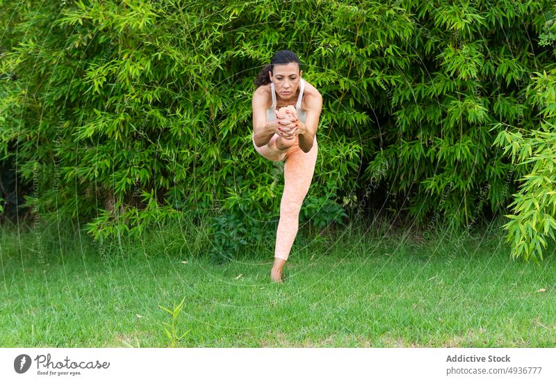 Woman doing Standing hand to big toe asana in park woman training standing hand to big toe yoga exercise practice balance lawn zen sportswear hobby perform