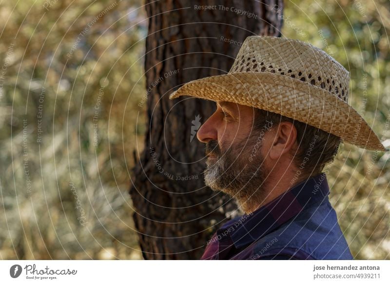 close-up of man with beard and hat in profile forest profile view closeup person portrait face isolated male shirt handsome headshot caucasian side view guy