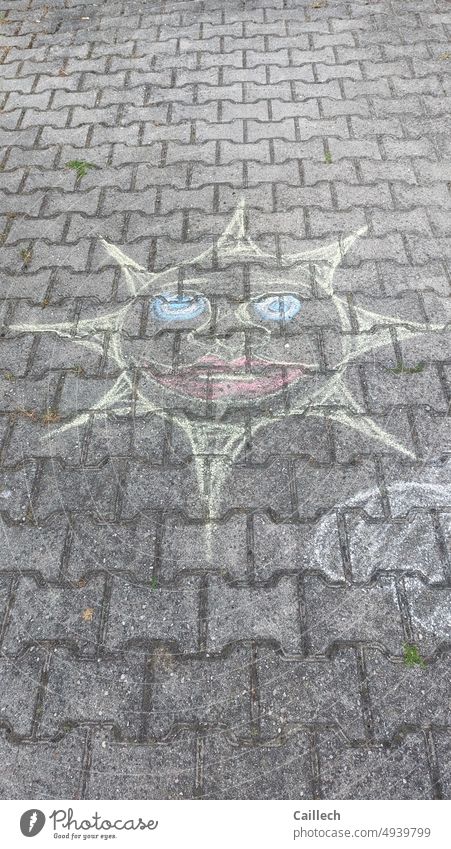 Sun drawn with street chalk cheerful Art Smiling Joy Infancy Chalk Street painting Creativity Painting (action, artwork) Playing Multicoloured Drawing Colour