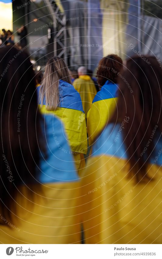 Rear view girls with ukrainian flags Girl Flag Ukraine Ukrainian Ukraine war Blue nation Politics and state symbol ukraine Solidarity peace Ukrainian flag Hope