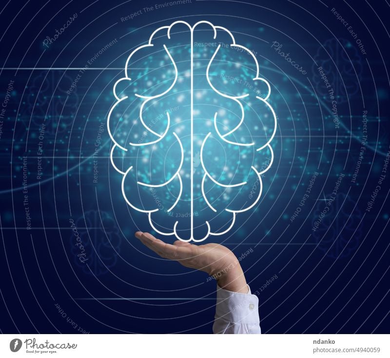 Schematic icon of human brain and male hand on a blue background. mind idea tech care digital intelligence concept technology science connection network data