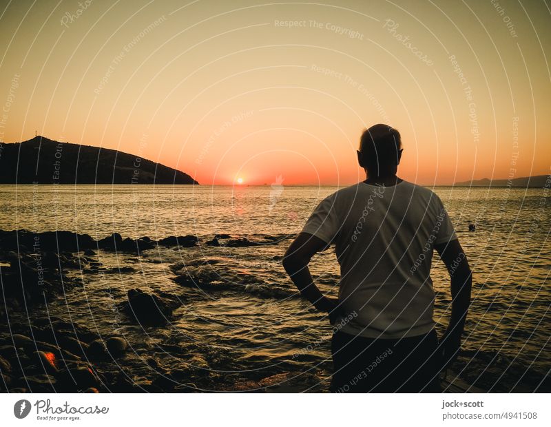 When a new day awakens Sunlight Back-light Silhouette Relaxation Mediterranean sea coast Authentic Horizon Man Beautiful weather Vacation & Travel Sunrise