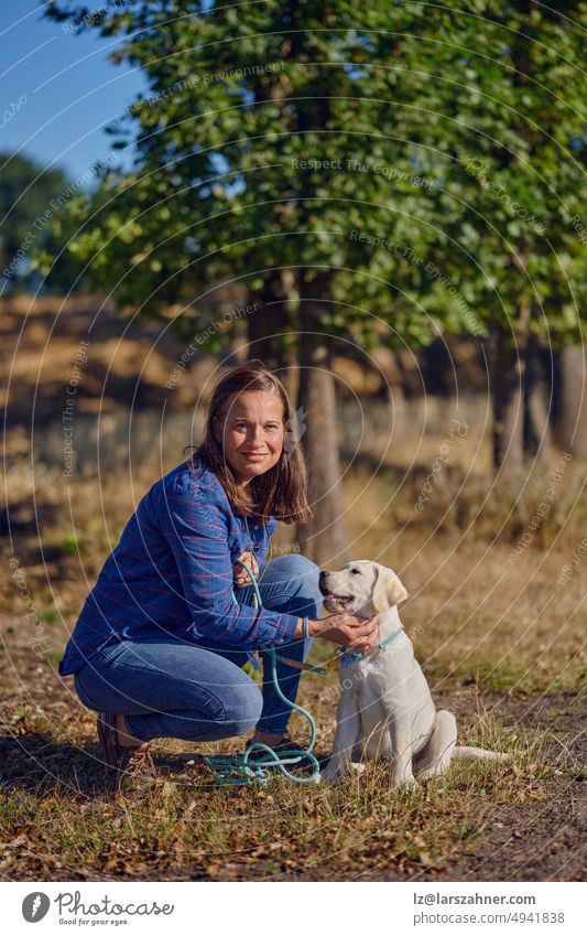 Happy brunette middle-aged woman kneeing with her little Labrador puppy while kneeing on a rural path happy labrador retriever walk leash drag owner summer