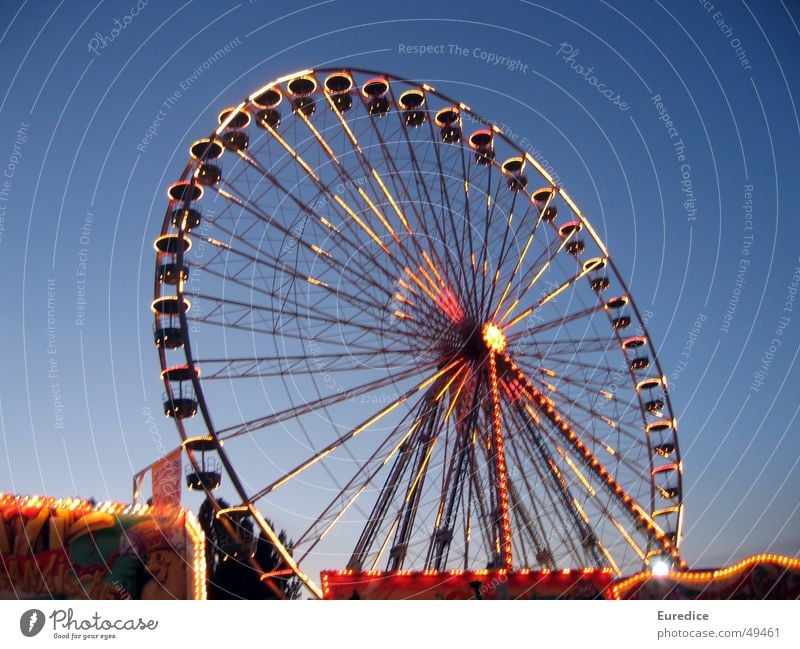 Ferris wheel at dusk Night Twilight Shooting match Fairs & Carnivals Oktoberfest Going out Joy Light Glittering Markets high wheel Dome Quarter Trip