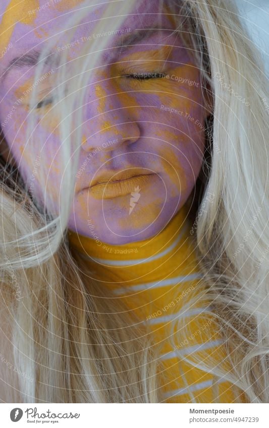 dream in color Colour come clean Blonde Long-haired Skin Skin disease Skin damage Skin care purple Yellow Face Woman Adults Colour photo Feminine portrait