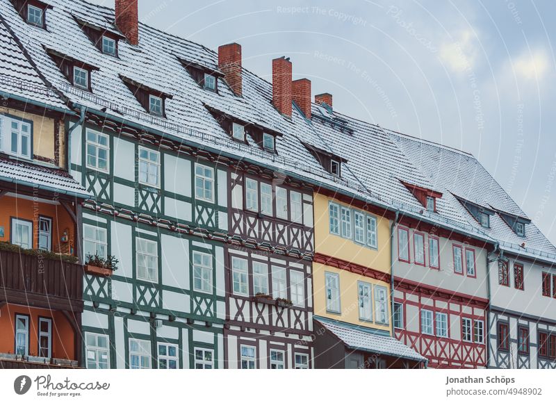 Krämerbrücke half-timbered houses in Erfurt from outside in winter with snow shopkeeper's bridge Half-timbered houses colourful variegated Vacation & Travel
