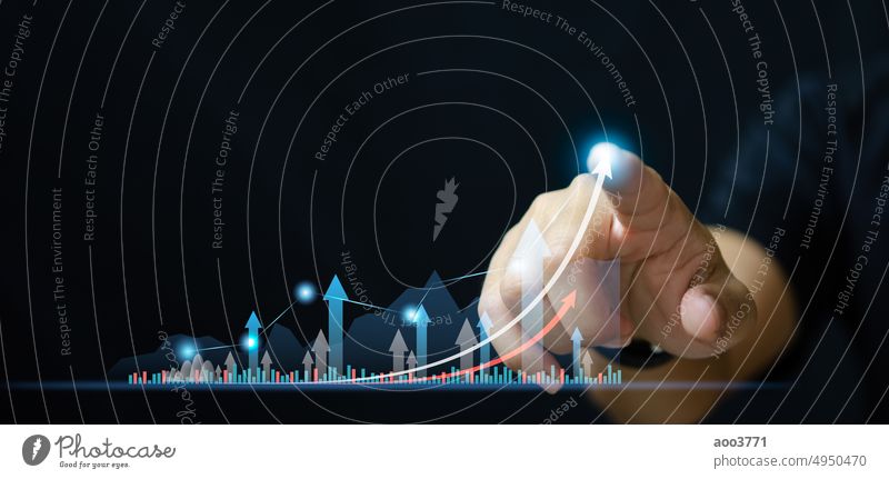 Businessman point increase arrow graph corporate future growth. Planning goal target challenge and business strategy finance investment development concept.