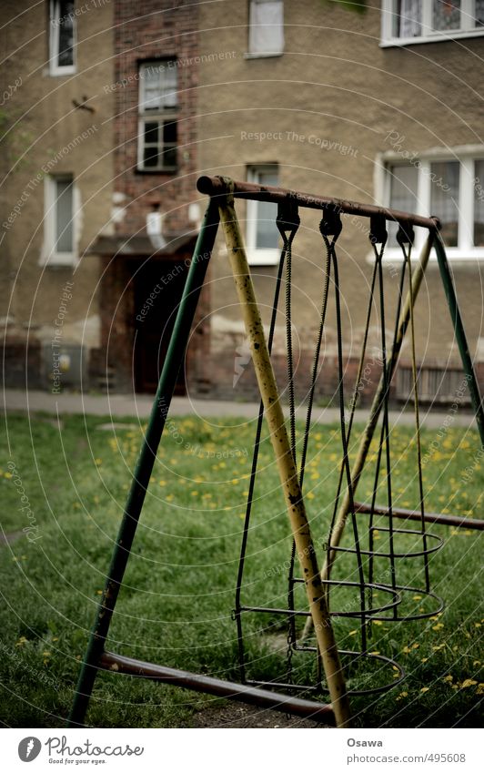 swing Swing Toys Playground Courtyard Backyard Garden Meadow Lawn Old Broken Gloomy Rust Facade House (Residential Structure) Apartment Building Plaster Window
