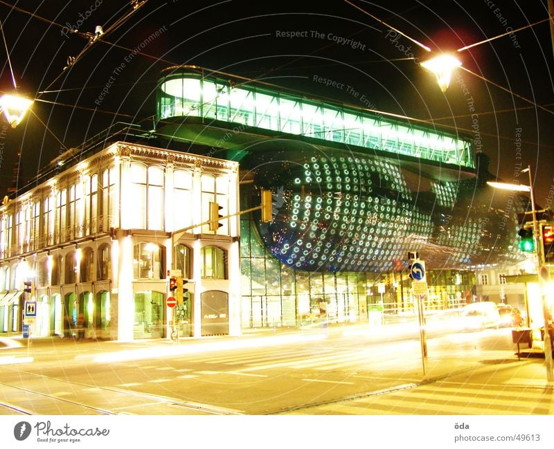 again Kunsthaus Graz Light Long exposure Building Lantern Traffic light Art art house Car Street Modern Architecture